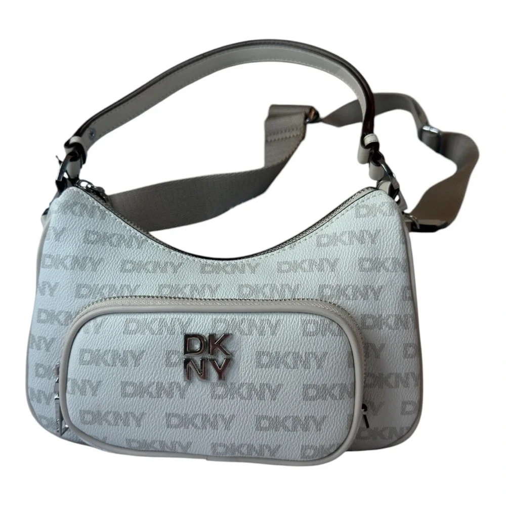 DKNY Gray Shoulder Bag with Text Pattern MSRP 178.00